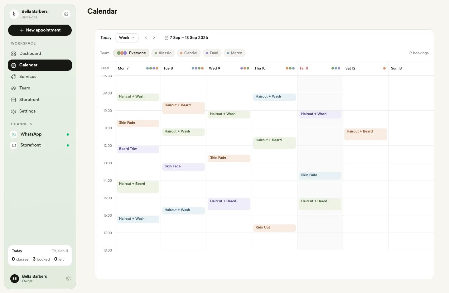 The Citapami dashboard showing a barbershop's week of bookings