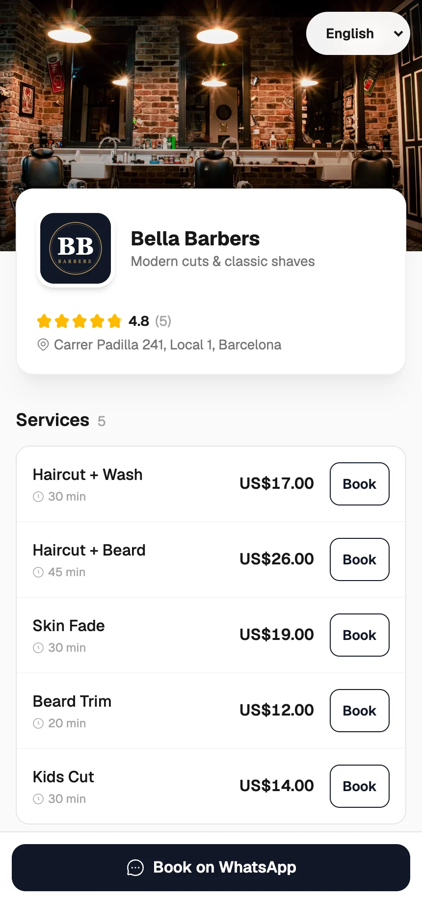 A live Citap booking page with services and prices